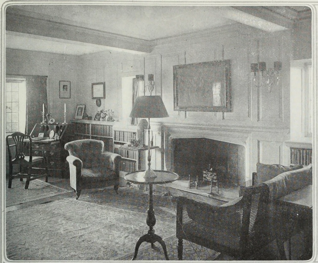 An illustration from House & garden's book of interiors, containing over three hundred illustrations of living rooms, dining rooms, libraries, halls, bedrooms, porches, breakfast rooms, nurseries, kitchens, bathrooms and the use of decorative accessories and curtains, together with practical suggestions for the furnishing and decorating of each type of room in the house, 1920, leaf 30