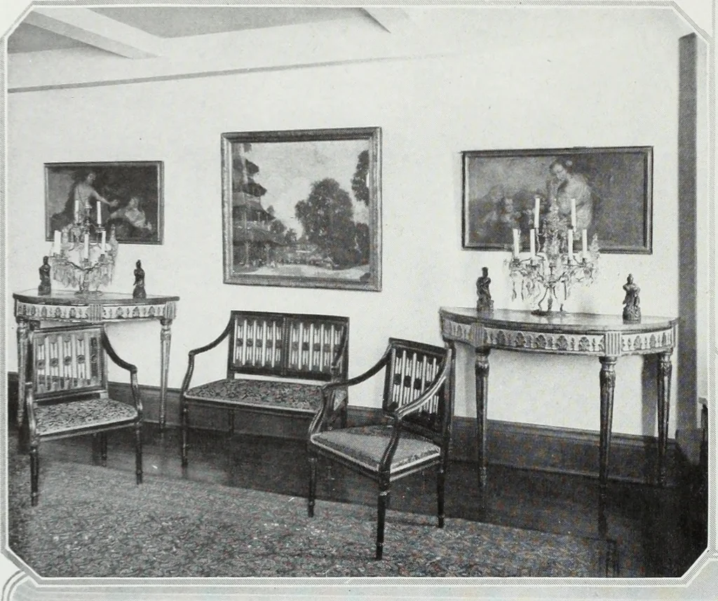 An illustration from House & garden's book of interiors, containing over three hundred illustrations of living rooms, dining rooms, libraries, halls, bedrooms, porches, breakfast rooms, nurseries, kitchens, bathrooms and the use of decorative accessories and curtains, together with practical suggestions for the furnishing and decorating of each type of room in the house, 1920, leaf 31