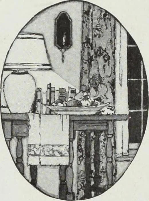 An illustration from House & garden's book of interiors, containing over three hundred illustrations of living rooms, dining rooms, libraries, halls, bedrooms, porches, breakfast rooms, nurseries, kitchens, bathrooms and the use of decorative accessories and curtains, together with practical suggestions for the furnishing and decorating of each type of room in the house, 1920, leaf 32