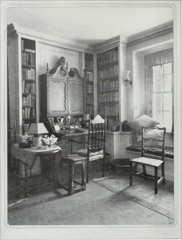 An illustration from House & garden's book of interiors, containing over three hundred illustrations of living rooms, dining rooms, libraries, halls, bedrooms, porches, breakfast rooms, nurseries, kitchens, bathrooms and the use of decorative accessories and curtains, together with practical suggestions for the furnishing and decorating of each type of room in the house, 1920, leaf 33