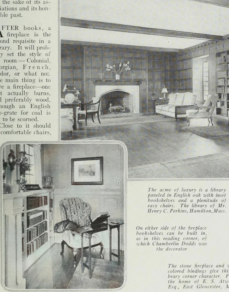 An illustration from House & garden's book of interiors, containing over three hundred illustrations of living rooms, dining rooms, libraries, halls, bedrooms, porches, breakfast rooms, nurseries, kitchens, bathrooms and the use of decorative accessories and curtains, together with practical suggestions for the furnishing and decorating of each type of room in the house, 1920, leaf 34