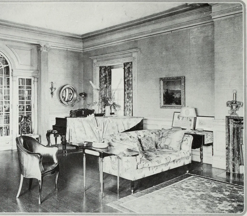 An illustration from House & garden's book of interiors, containing over three hundred illustrations of living rooms, dining rooms, libraries, halls, bedrooms, porches, breakfast rooms, nurseries, kitchens, bathrooms and the use of decorative accessories and curtains, together with practical suggestions for the furnishing and decorating of each type of room in the house, 1920, leaf 35