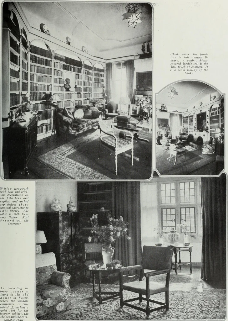An illustration from House & garden's book of interiors, containing over three hundred illustrations of living rooms, dining rooms, libraries, halls, bedrooms, porches, breakfast rooms, nurseries, kitchens, bathrooms and the use of decorative accessories and curtains, together with practical suggestions for the furnishing and decorating of each type of room in the house, 1920, leaf 36