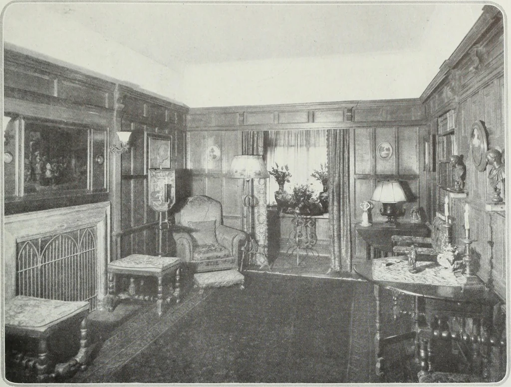 An illustration from House & garden's book of interiors, containing over three hundred illustrations of living rooms, dining rooms, libraries, halls, bedrooms, porches, breakfast rooms, nurseries, kitchens, bathrooms and the use of decorative accessories and curtains, together with practical suggestions for the furnishing and decorating of each type of room in the house, 1920, leaf 38