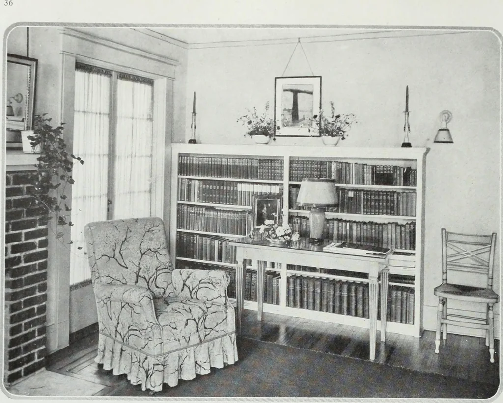 An illustration from House & garden's book of interiors, containing over three hundred illustrations of living rooms, dining rooms, libraries, halls, bedrooms, porches, breakfast rooms, nurseries, kitchens, bathrooms and the use of decorative accessories and curtains, together with practical suggestions for the furnishing and decorating of each type of room in the house, 1920, leaf 39