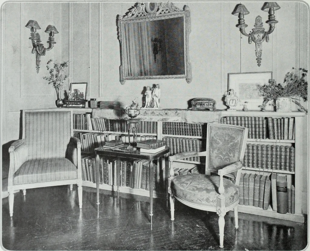 An illustration from House & garden's book of interiors, containing over three hundred illustrations of living rooms, dining rooms, libraries, halls, bedrooms, porches, breakfast rooms, nurseries, kitchens, bathrooms and the use of decorative accessories and curtains, together with practical suggestions for the furnishing and decorating of each type of room in the house, 1920, leaf 39