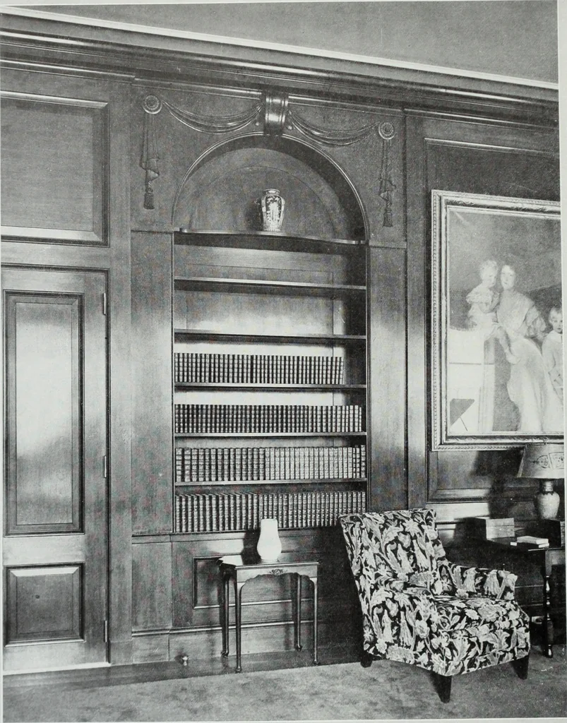An illustration from House & garden's book of interiors, containing over three hundred illustrations of living rooms, dining rooms, libraries, halls, bedrooms, porches, breakfast rooms, nurseries, kitchens, bathrooms and the use of decorative accessories and curtains, together with practical suggestions for the furnishing and decorating of each type of room in the house, 1920, leaf 41
