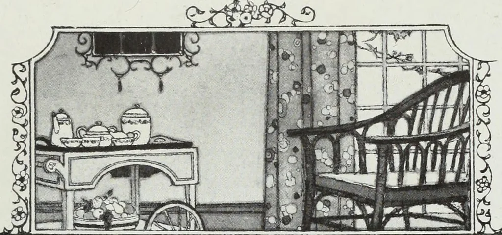 An illustration from House & garden's book of interiors, containing over three hundred illustrations of living rooms, dining rooms, libraries, halls, bedrooms, porches, breakfast rooms, nurseries, kitchens, bathrooms and the use of decorative accessories and curtains, together with practical suggestions for the furnishing and decorating of each type of room in the house, 1920, leaf 42