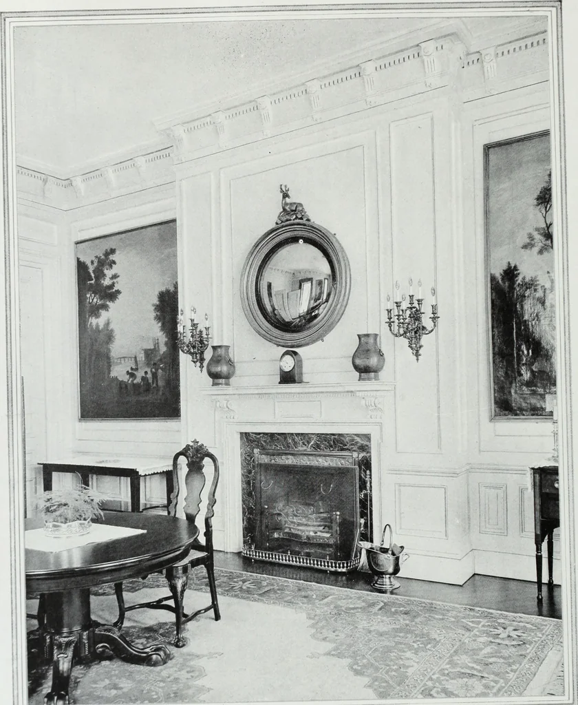 An illustration from House & garden's book of interiors, containing over three hundred illustrations of living rooms, dining rooms, libraries, halls, bedrooms, porches, breakfast rooms, nurseries, kitchens, bathrooms and the use of decorative accessories and curtains, together with practical suggestions for the furnishing and decorating of each type of room in the house, 1920, leaf 43