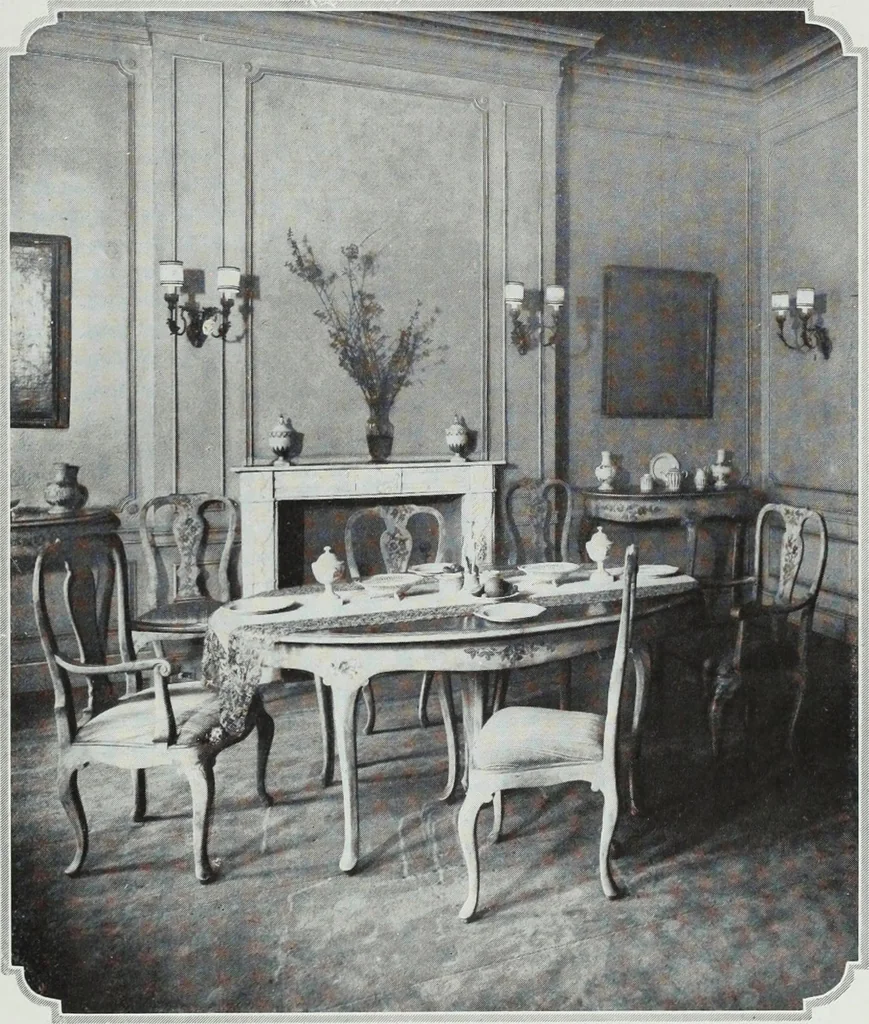 An illustration from House & garden's book of interiors, containing over three hundred illustrations of living rooms, dining rooms, libraries, halls, bedrooms, porches, breakfast rooms, nurseries, kitchens, bathrooms and the use of decorative accessories and curtains, together with practical suggestions for the furnishing and decorating of each type of room in the house, 1920, leaf 44