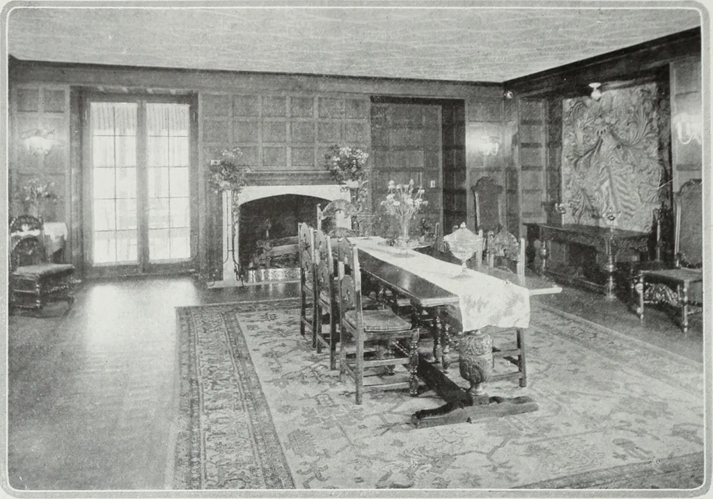 An illustration from House & garden's book of interiors, containing over three hundred illustrations of living rooms, dining rooms, libraries, halls, bedrooms, porches, breakfast rooms, nurseries, kitchens, bathrooms and the use of decorative accessories and curtains, together with practical suggestions for the furnishing and decorating of each type of room in the house, 1920, leaf 45