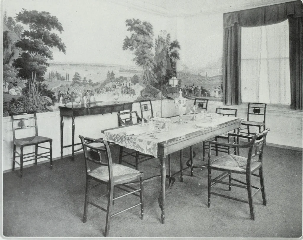 An illustration from House & garden's book of interiors, containing over three hundred illustrations of living rooms, dining rooms, libraries, halls, bedrooms, porches, breakfast rooms, nurseries, kitchens, bathrooms and the use of decorative accessories and curtains, together with practical suggestions for the furnishing and decorating of each type of room in the house, 1920, leaf 45