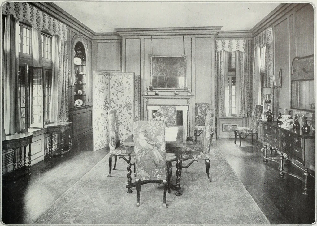 An illustration from House & garden's book of interiors, containing over three hundred illustrations of living rooms, dining rooms, libraries, halls, bedrooms, porches, breakfast rooms, nurseries, kitchens, bathrooms and the use of decorative accessories and curtains, together with practical suggestions for the furnishing and decorating of each type of room in the house, 1920, leaf 46