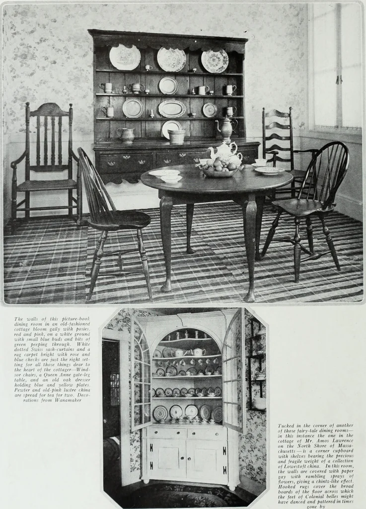 An illustration from House & garden's book of interiors, containing over three hundred illustrations of living rooms, dining rooms, libraries, halls, bedrooms, porches, breakfast rooms, nurseries, kitchens, bathrooms and the use of decorative accessories and curtains, together with practical suggestions for the furnishing and decorating of each type of room in the house, 1920, leaf 47