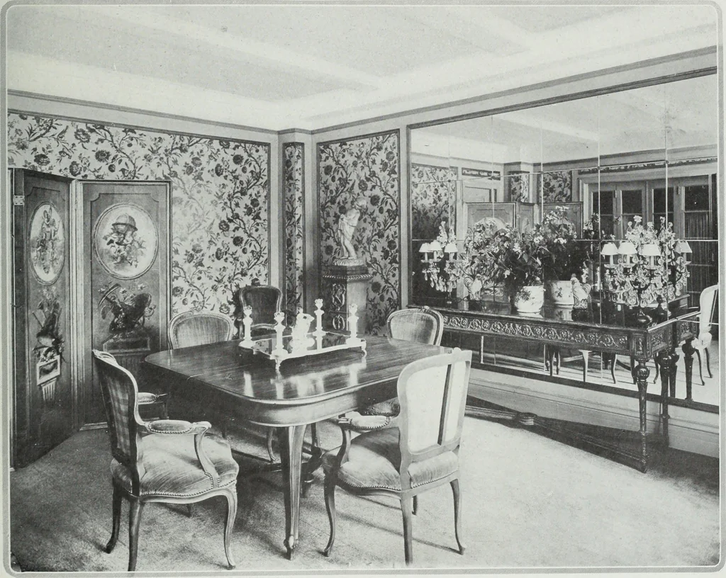 An illustration from House & garden's book of interiors, containing over three hundred illustrations of living rooms, dining rooms, libraries, halls, bedrooms, porches, breakfast rooms, nurseries, kitchens, bathrooms and the use of decorative accessories and curtains, together with practical suggestions for the furnishing and decorating of each type of room in the house, 1920, leaf 48