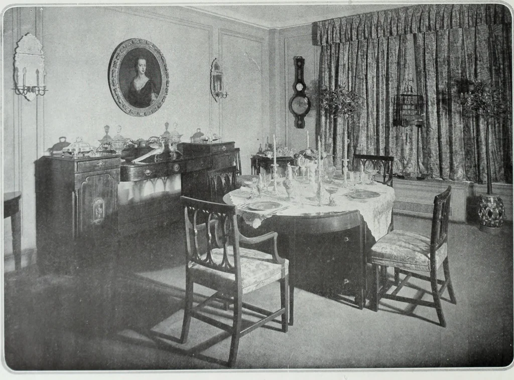 An illustration from House & garden's book of interiors, containing over three hundred illustrations of living rooms, dining rooms, libraries, halls, bedrooms, porches, breakfast rooms, nurseries, kitchens, bathrooms and the use of decorative accessories and curtains, together with practical suggestions for the furnishing and decorating of each type of room in the house, 1920, leaf 49