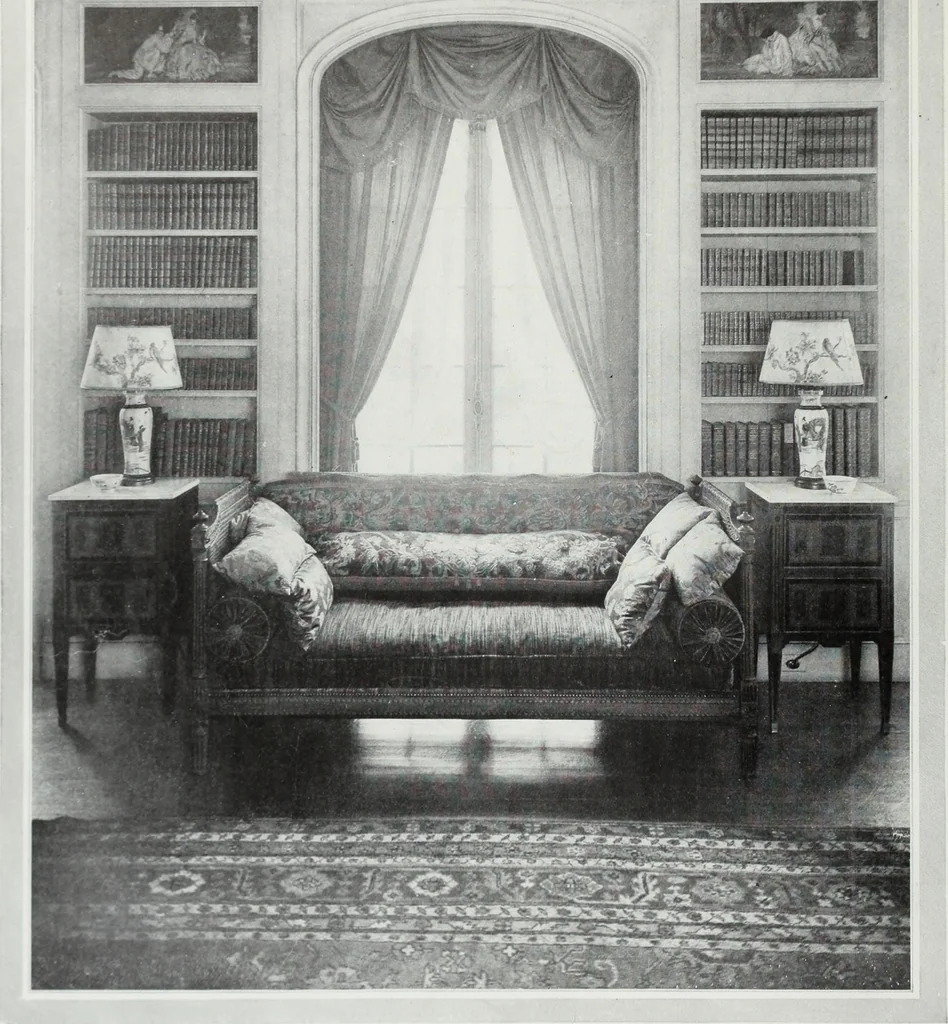 An illustration from House & garden's book of interiors, containing over three hundred illustrations of living rooms, dining rooms, libraries, halls, bedrooms, porches, breakfast rooms, nurseries, kitchens, bathrooms and the use of decorative accessories and curtains, together with practical suggestions for the furnishing and decorating of each type of room in the house, 1920, leaf 5