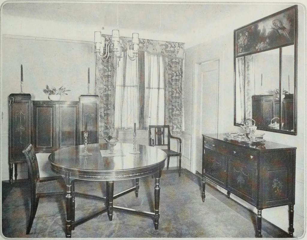 An illustration from House & garden's book of interiors, containing over three hundred illustrations of living rooms, dining rooms, libraries, halls, bedrooms, porches, breakfast rooms, nurseries, kitchens, bathrooms and the use of decorative accessories and curtains, together with practical suggestions for the furnishing and decorating of each type of room in the house, 1920, leaf 50