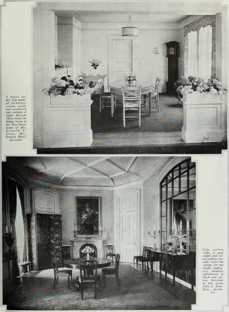 An illustration from House & garden's book of interiors, containing over three hundred illustrations of living rooms, dining rooms, libraries, halls, bedrooms, porches, breakfast rooms, nurseries, kitchens, bathrooms and the use of decorative accessories and curtains, together with practical suggestions for the furnishing and decorating of each type of room in the house, 1920, leaf 52