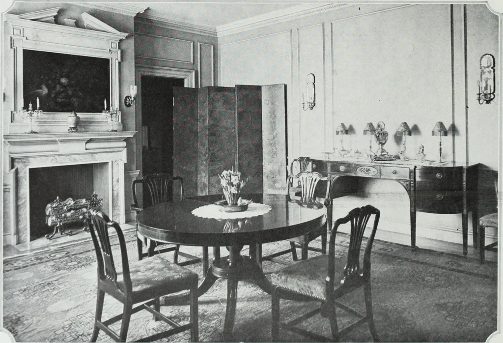 An illustration from House & garden's book of interiors, containing over three hundred illustrations of living rooms, dining rooms, libraries, halls, bedrooms, porches, breakfast rooms, nurseries, kitchens, bathrooms and the use of decorative accessories and curtains, together with practical suggestions for the furnishing and decorating of each type of room in the house, 1920, leaf 53