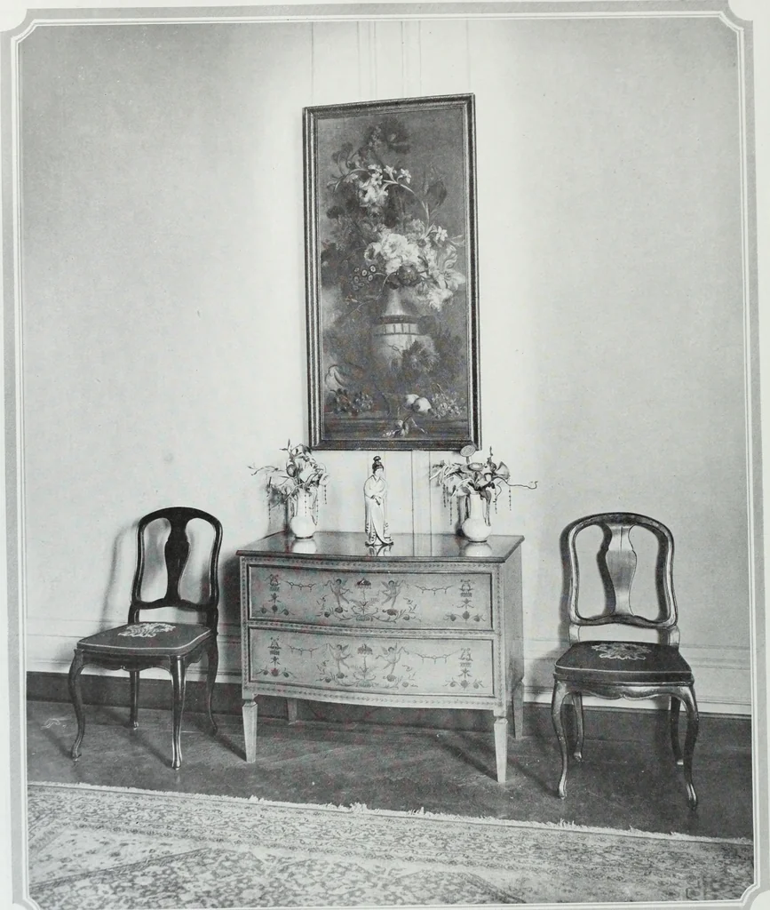 An illustration from House & garden's book of interiors, containing over three hundred illustrations of living rooms, dining rooms, libraries, halls, bedrooms, porches, breakfast rooms, nurseries, kitchens, bathrooms and the use of decorative accessories and curtains, together with practical suggestions for the furnishing and decorating of each type of room in the house, 1920, leaf 57