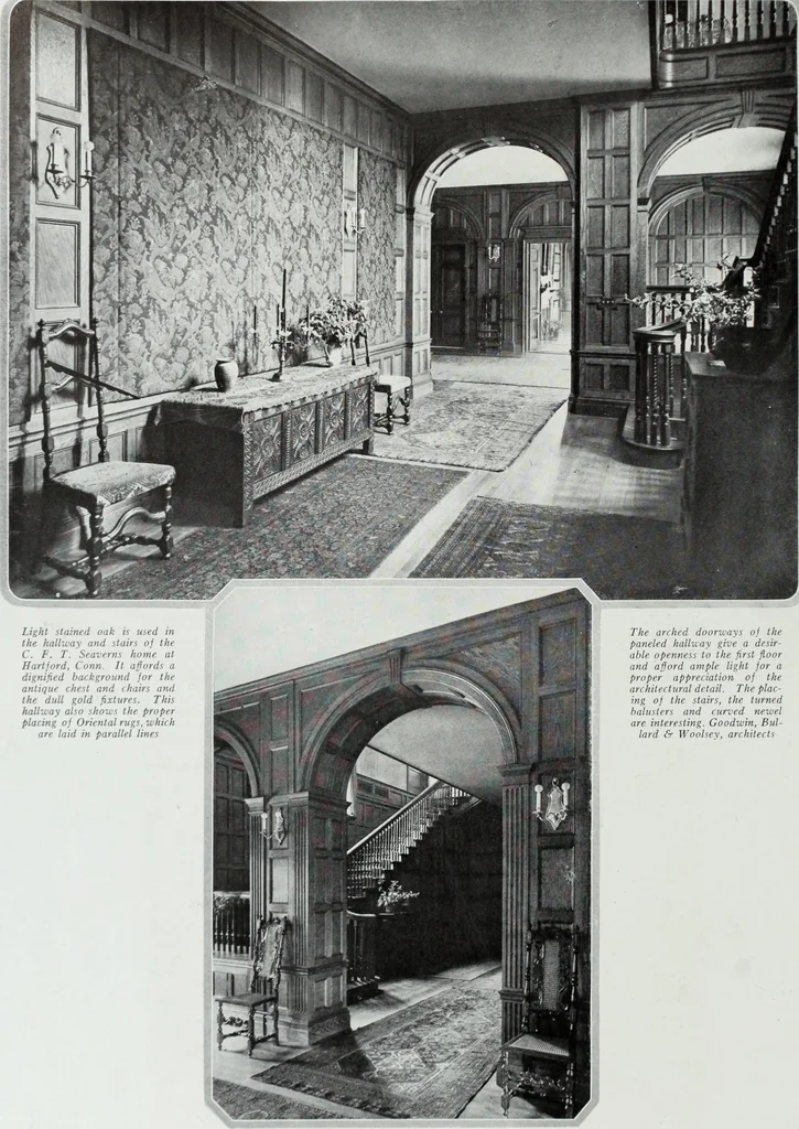 An illustration from House & garden's book of interiors, containing over three hundred illustrations of living rooms, dining rooms, libraries, halls, bedrooms, porches, breakfast rooms, nurseries, kitchens, bathrooms and the use of decorative accessories and curtains, together with practical suggestions for the furnishing and decorating of each type of room in the house, 1920, leaf 59