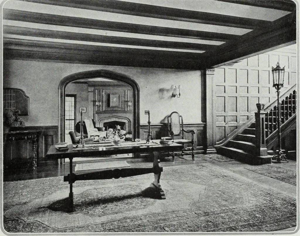 An illustration from House & garden's book of interiors, containing over three hundred illustrations of living rooms, dining rooms, libraries, halls, bedrooms, porches, breakfast rooms, nurseries, kitchens, bathrooms and the use of decorative accessories and curtains, together with practical suggestions for the furnishing and decorating of each type of room in the house, 1920, leaf 60