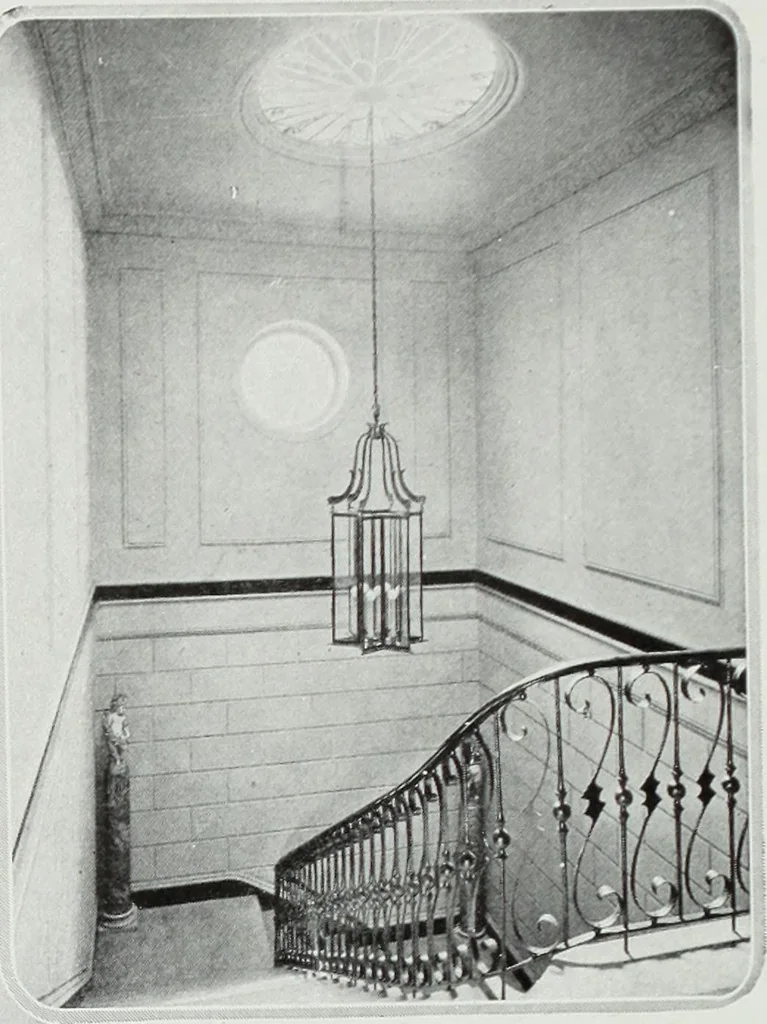 An illustration from House & garden's book of interiors, containing over three hundred illustrations of living rooms, dining rooms, libraries, halls, bedrooms, porches, breakfast rooms, nurseries, kitchens, bathrooms and the use of decorative accessories and curtains, together with practical suggestions for the furnishing and decorating of each type of room in the house, 1920, leaf 61