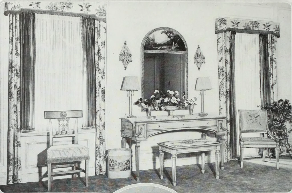 An illustration from House & garden's book of interiors, containing over three hundred illustrations of living rooms, dining rooms, libraries, halls, bedrooms, porches, breakfast rooms, nurseries, kitchens, bathrooms and the use of decorative accessories and curtains, together with practical suggestions for the furnishing and decorating of each type of room in the house, 1920, leaf 65