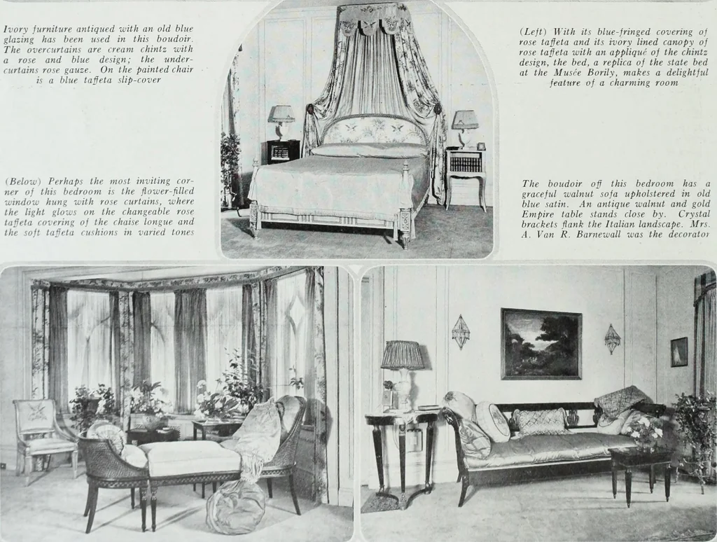 An illustration from House & garden's book of interiors, containing over three hundred illustrations of living rooms, dining rooms, libraries, halls, bedrooms, porches, breakfast rooms, nurseries, kitchens, bathrooms and the use of decorative accessories and curtains, together with practical suggestions for the furnishing and decorating of each type of room in the house, 1920, leaf 65