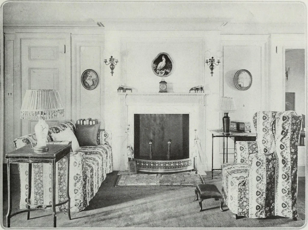 An illustration from House & garden's book of interiors, containing over three hundred illustrations of living rooms, dining rooms, libraries, halls, bedrooms, porches, breakfast rooms, nurseries, kitchens, bathrooms and the use of decorative accessories and curtains, together with practical suggestions for the furnishing and decorating of each type of room in the house, 1920, leaf 66