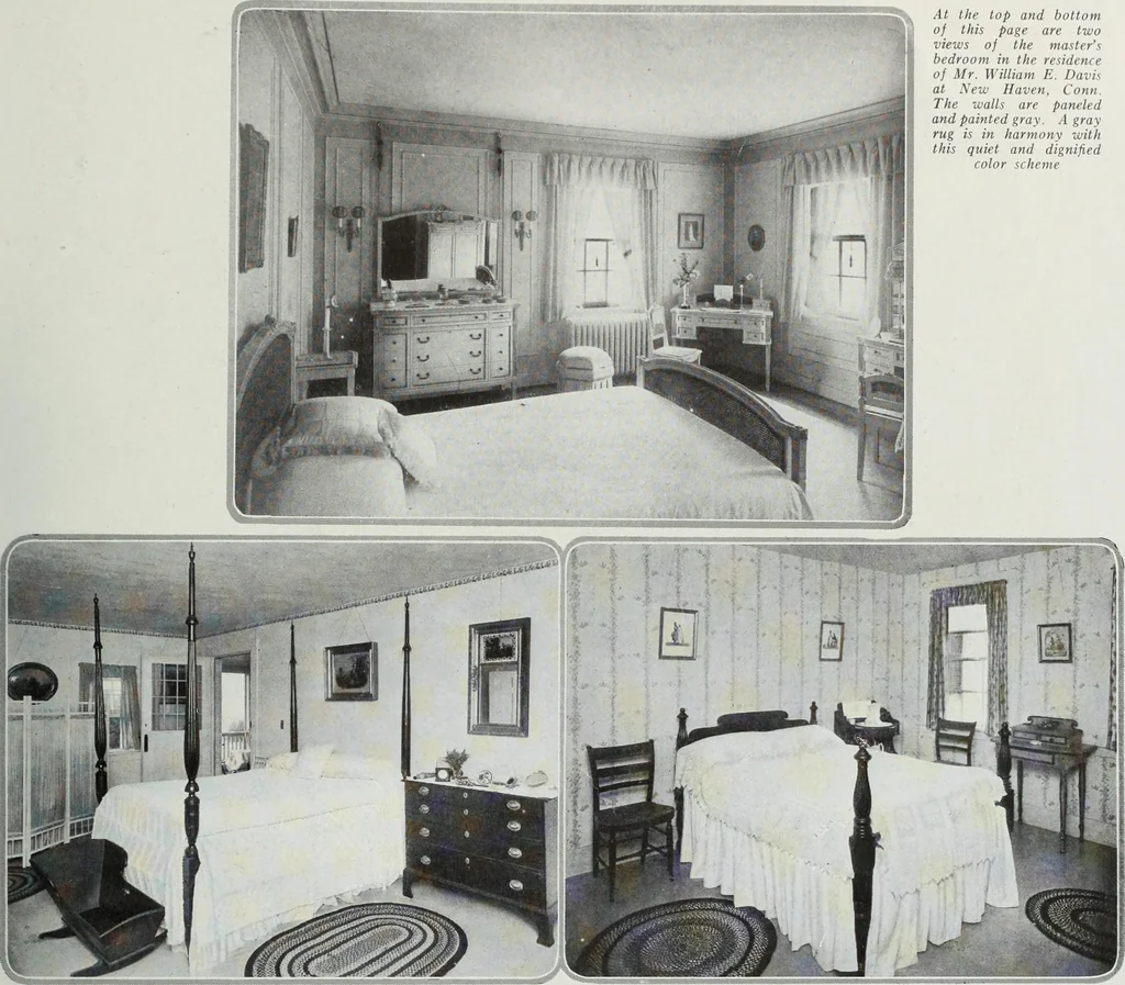 An illustration from House & garden's book of interiors, containing over three hundred illustrations of living rooms, dining rooms, libraries, halls, bedrooms, porches, breakfast rooms, nurseries, kitchens, bathrooms and the use of decorative accessories and curtains, together with practical suggestions for the furnishing and decorating of each type of room in the house, 1920, leaf 68