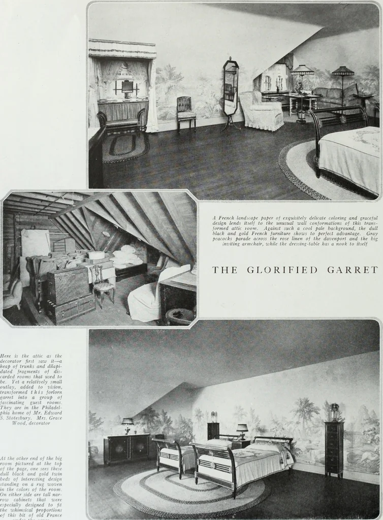 An illustration from House & garden's book of interiors, containing over three hundred illustrations of living rooms, dining rooms, libraries, halls, bedrooms, porches, breakfast rooms, nurseries, kitchens, bathrooms and the use of decorative accessories and curtains, together with practical suggestions for the furnishing and decorating of each type of room in the house, 1920, leaf 69