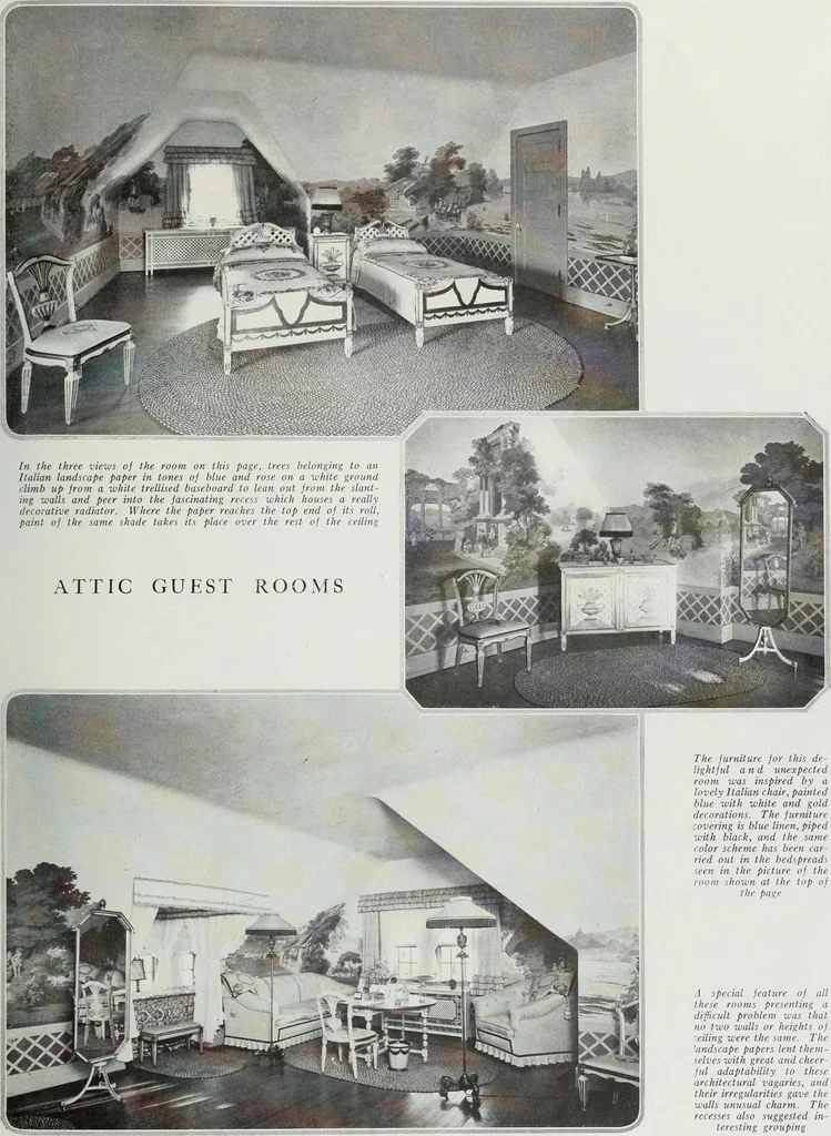 An illustration from House & garden's book of interiors, containing over three hundred illustrations of living rooms, dining rooms, libraries, halls, bedrooms, porches, breakfast rooms, nurseries, kitchens, bathrooms and the use of decorative accessories and curtains, together with practical suggestions for the furnishing and decorating of each type of room in the house, 1920, leaf 70