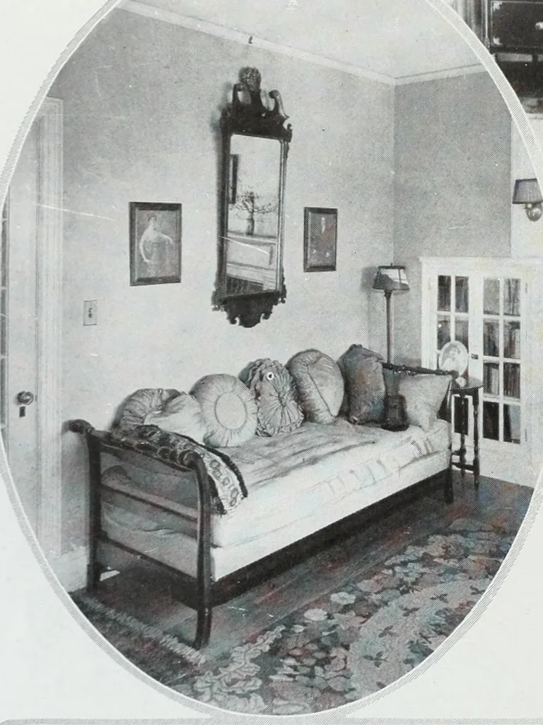 An illustration from House & garden's book of interiors, containing over three hundred illustrations of living rooms, dining rooms, libraries, halls, bedrooms, porches, breakfast rooms, nurseries, kitchens, bathrooms and the use of decorative accessories and curtains, together with practical suggestions for the furnishing and decorating of each type of room in the house, 1920, leaf 71