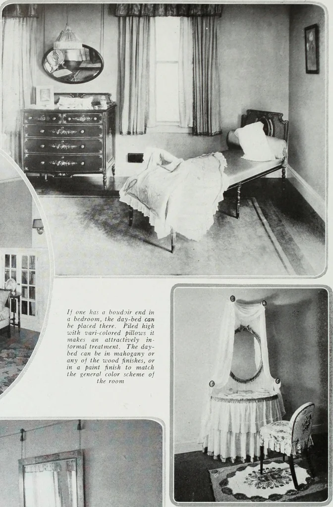 An illustration from House & garden's book of interiors, containing over three hundred illustrations of living rooms, dining rooms, libraries, halls, bedrooms, porches, breakfast rooms, nurseries, kitchens, bathrooms and the use of decorative accessories and curtains, together with practical suggestions for the furnishing and decorating of each type of room in the house, 1920, leaf 71