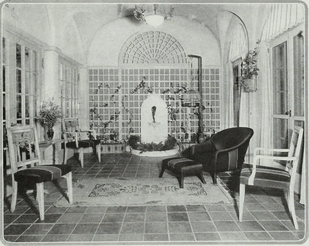 An illustration from House & garden's book of interiors, containing over three hundred illustrations of living rooms, dining rooms, libraries, halls, bedrooms, porches, breakfast rooms, nurseries, kitchens, bathrooms and the use of decorative accessories and curtains, together with practical suggestions for the furnishing and decorating of each type of room in the house, 1920, leaf 74