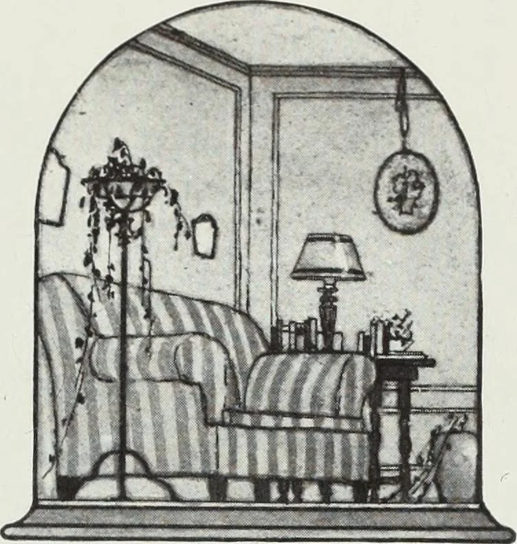 An illustration from House & garden's book of interiors, containing over three hundred illustrations of living rooms, dining rooms, libraries, halls, bedrooms, porches, breakfast rooms, nurseries, kitchens, bathrooms and the use of decorative accessories and curtains, together with practical suggestions for the furnishing and decorating of each type of room in the house, 1920, leaf 8
