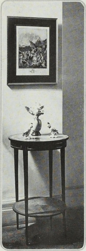 An illustration from House & garden's book of interiors, containing over three hundred illustrations of living rooms, dining rooms, libraries, halls, bedrooms, porches, breakfast rooms, nurseries, kitchens, bathrooms and the use of decorative accessories and curtains, together with practical suggestions for the furnishing and decorating of each type of room in the house, 1920, leaf 82