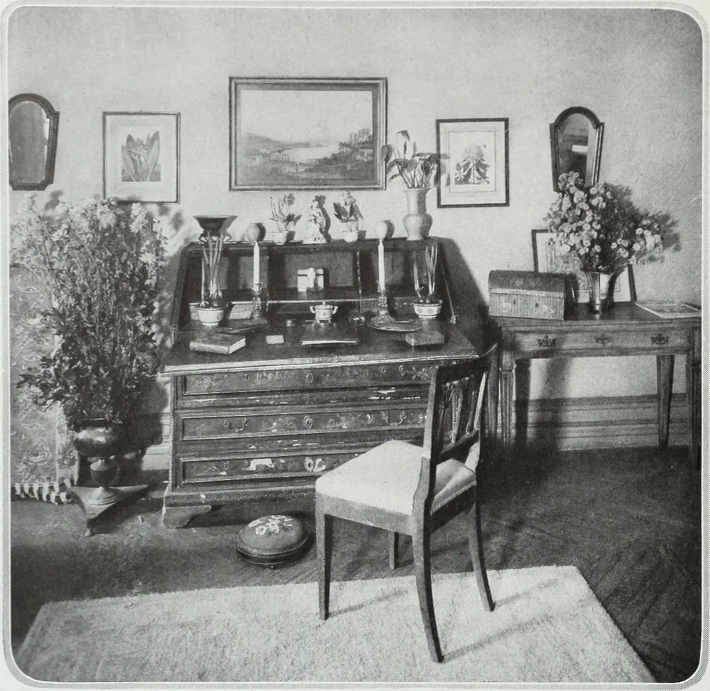 An illustration from House & garden's book of interiors, containing over three hundred illustrations of living rooms, dining rooms, libraries, halls, bedrooms, porches, breakfast rooms, nurseries, kitchens, bathrooms and the use of decorative accessories and curtains, together with practical suggestions for the furnishing and decorating of each type of room in the house, 1920, leaf 83