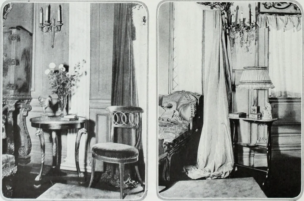 An illustration from House & garden's book of interiors, containing over three hundred illustrations of living rooms, dining rooms, libraries, halls, bedrooms, porches, breakfast rooms, nurseries, kitchens, bathrooms and the use of decorative accessories and curtains, together with practical suggestions for the furnishing and decorating of each type of room in the house, 1920, leaf 83