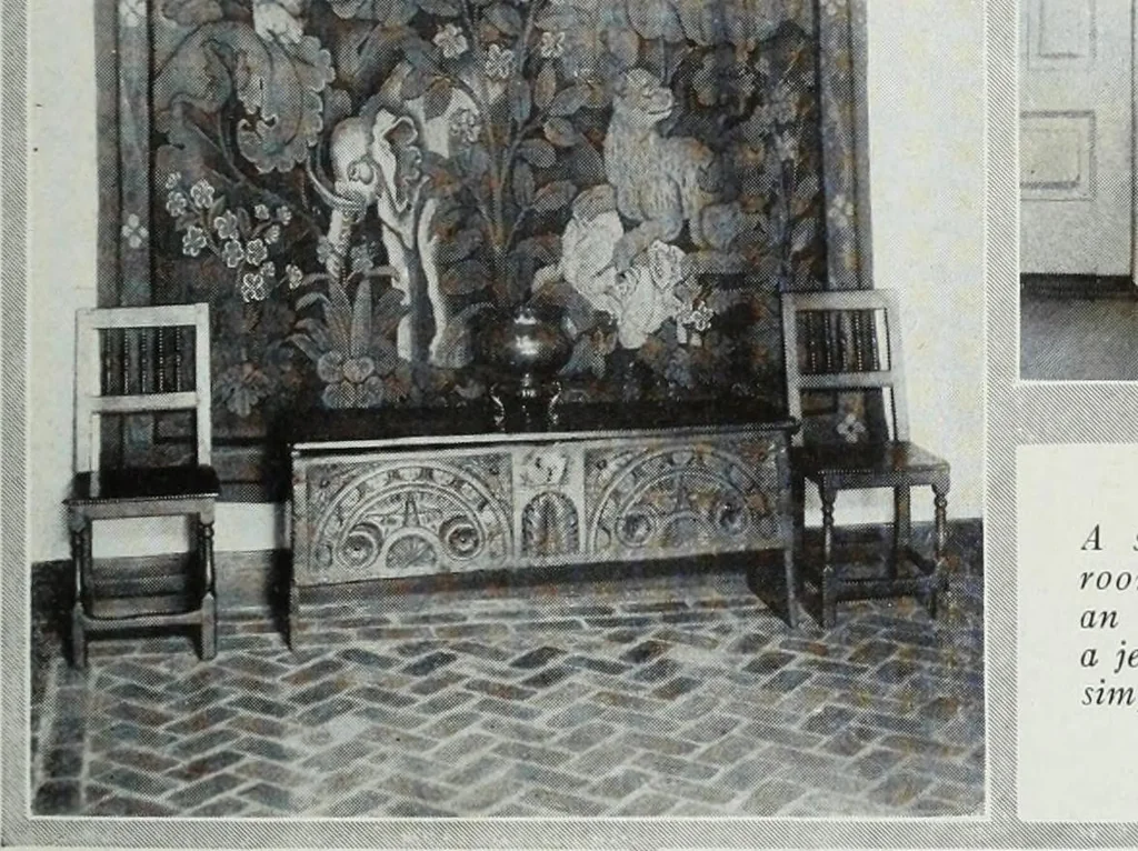 An illustration from House & garden's book of interiors, containing over three hundred illustrations of living rooms, dining rooms, libraries, halls, bedrooms, porches, breakfast rooms, nurseries, kitchens, bathrooms and the use of decorative accessories and curtains, together with practical suggestions for the furnishing and decorating of each type of room in the house, 1920, leaf 86