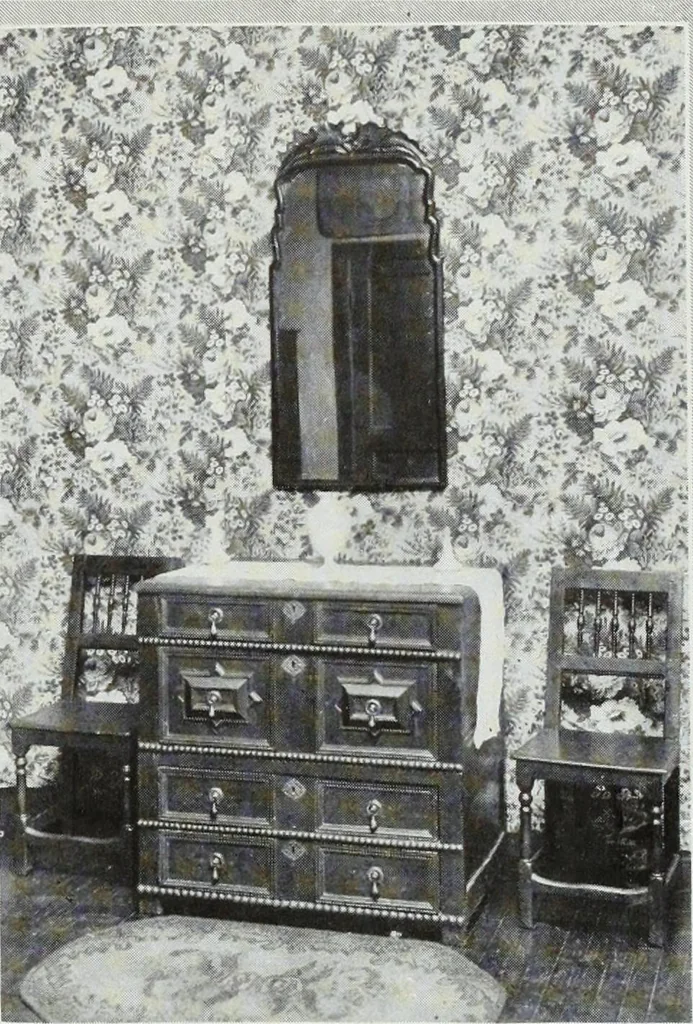 An illustration from House & garden's book of interiors, containing over three hundred illustrations of living rooms, dining rooms, libraries, halls, bedrooms, porches, breakfast rooms, nurseries, kitchens, bathrooms and the use of decorative accessories and curtains, together with practical suggestions for the furnishing and decorating of each type of room in the house, 1920, leaf 86