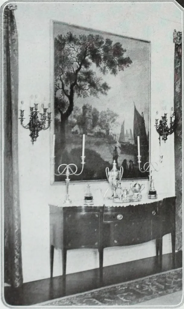 An illustration from House & garden's book of interiors, containing over three hundred illustrations of living rooms, dining rooms, libraries, halls, bedrooms, porches, breakfast rooms, nurseries, kitchens, bathrooms and the use of decorative accessories and curtains, together with practical suggestions for the furnishing and decorating of each type of room in the house, 1920, leaf 87