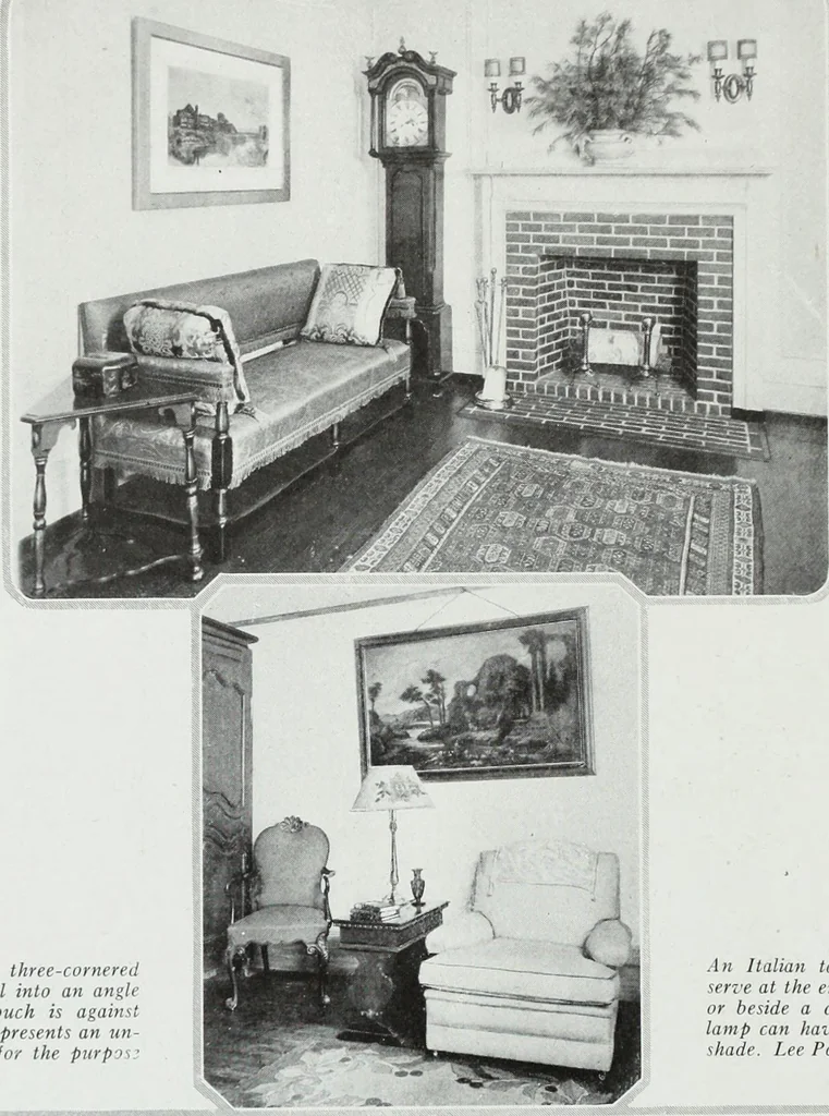 An illustration from House & garden's book of interiors, containing over three hundred illustrations of living rooms, dining rooms, libraries, halls, bedrooms, porches, breakfast rooms, nurseries, kitchens, bathrooms and the use of decorative accessories and curtains, together with practical suggestions for the furnishing and decorating of each type of room in the house, 1920, leaf 89