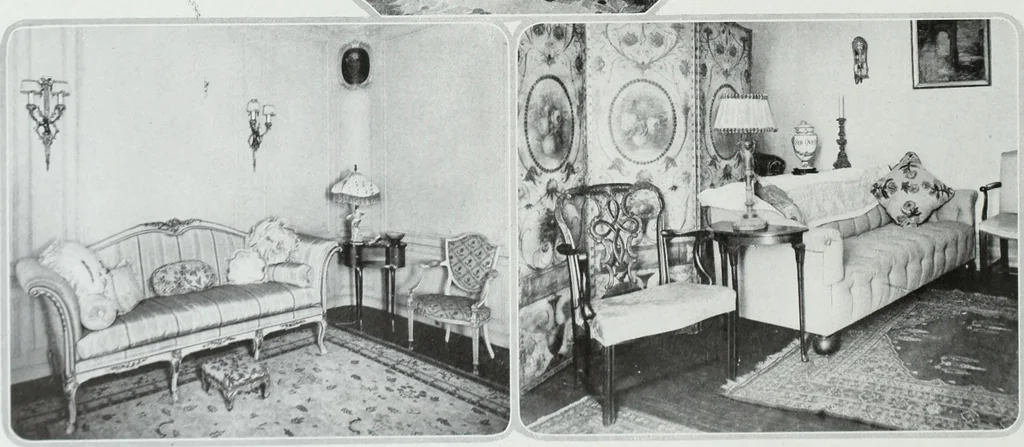 An illustration from House & garden's book of interiors, containing over three hundred illustrations of living rooms, dining rooms, libraries, halls, bedrooms, porches, breakfast rooms, nurseries, kitchens, bathrooms and the use of decorative accessories and curtains, together with practical suggestions for the furnishing and decorating of each type of room in the house, 1920, leaf 89