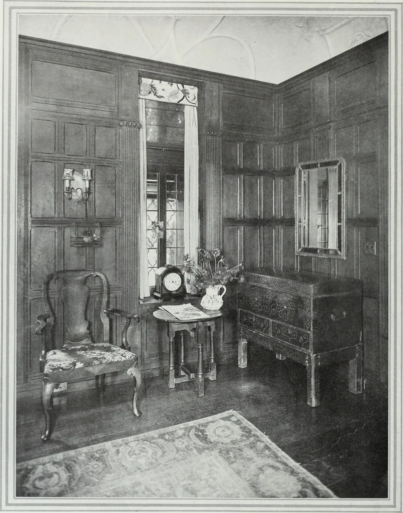 An illustration from House & garden's book of interiors, containing over three hundred illustrations of living rooms, dining rooms, libraries, halls, bedrooms, porches, breakfast rooms, nurseries, kitchens, bathrooms and the use of decorative accessories and curtains, together with practical suggestions for the furnishing and decorating of each type of room in the house, 1920, leaf 9