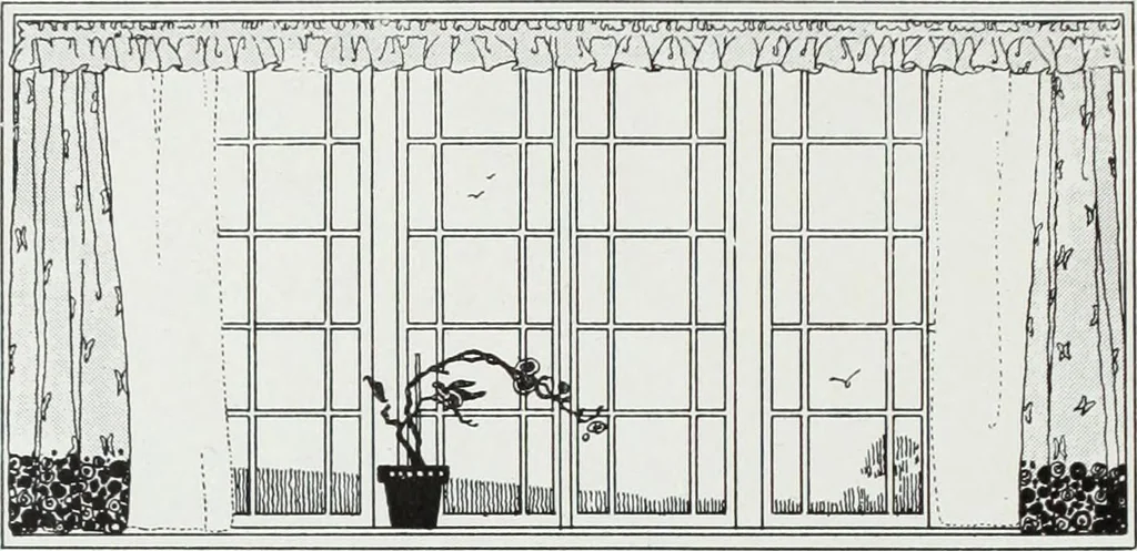 An illustration from House & garden's book of interiors, containing over three hundred illustrations of living rooms, dining rooms, libraries, halls, bedrooms, porches, breakfast rooms, nurseries, kitchens, bathrooms and the use of decorative accessories and curtains, together with practical suggestions for the furnishing and decorating of each type of room in the house, 1920, leaf 91