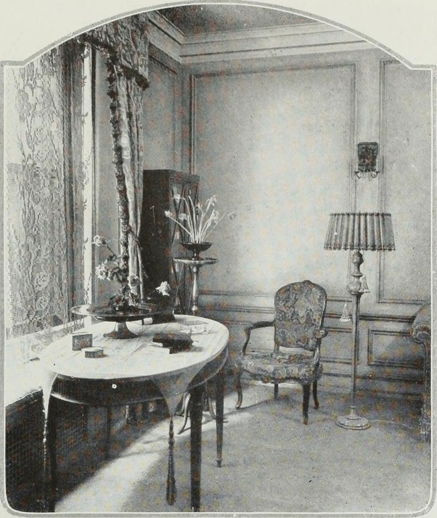 An illustration from House & garden's book of interiors, containing over three hundred illustrations of living rooms, dining rooms, libraries, halls, bedrooms, porches, breakfast rooms, nurseries, kitchens, bathrooms and the use of decorative accessories and curtains, together with practical suggestions for the furnishing and decorating of each type of room in the house, 1920, leaf 94