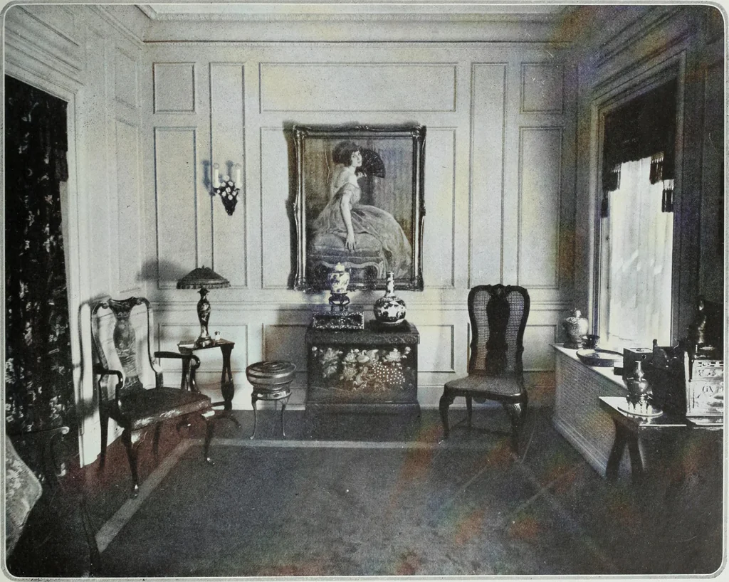 An illustration from House & garden's book of interiors, containing over three hundred illustrations of living rooms, dining rooms, libraries, halls, bedrooms, porches, breakfast rooms, nurseries, kitchens, bathrooms and the use of decorative accessories and curtains, together with practical suggestions for the furnishing and decorating of each type of room in the house, 1920, leaf 94
